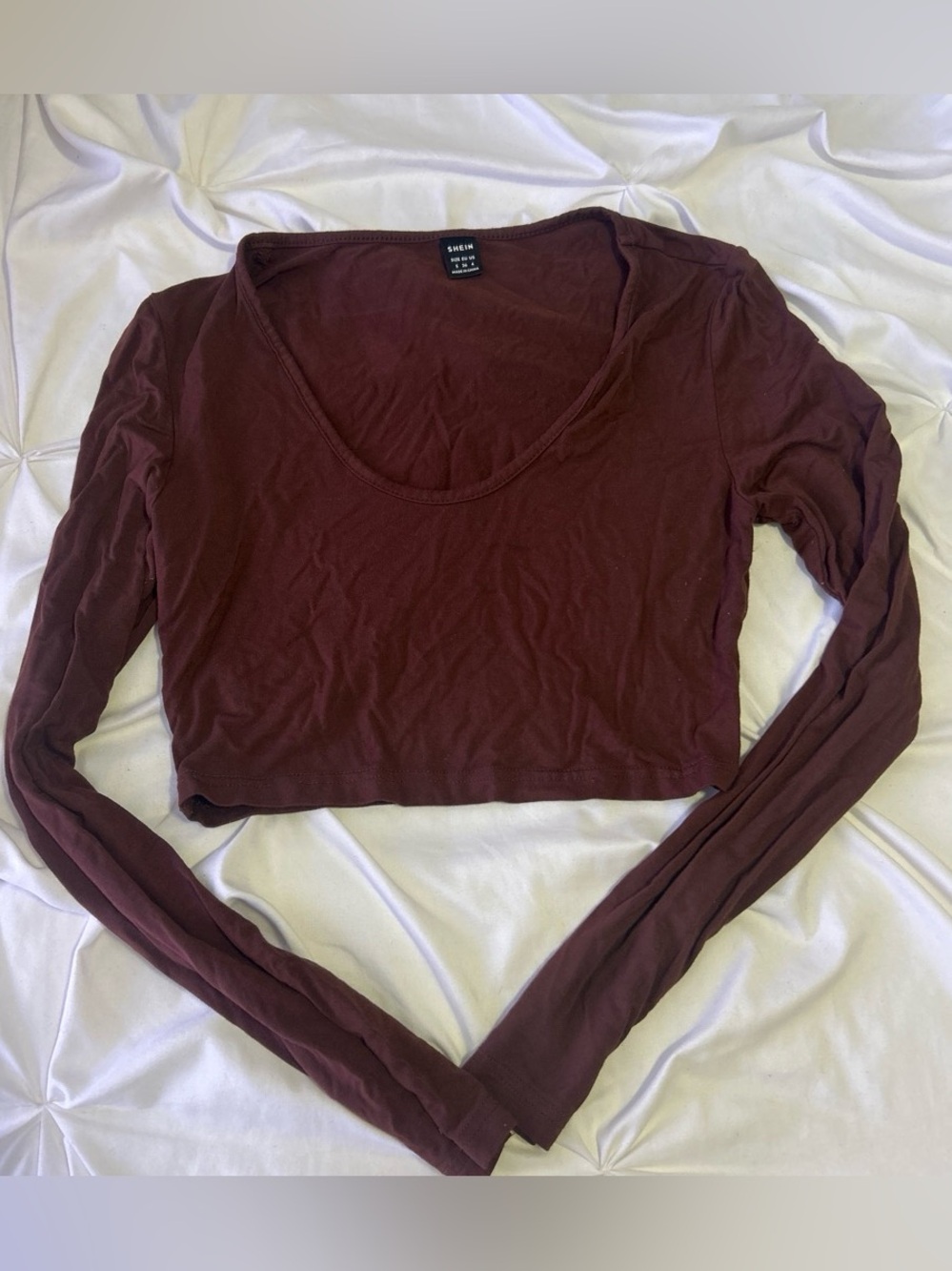 SHEIN Brown Long Sleeve Scoop Neck Crop Top